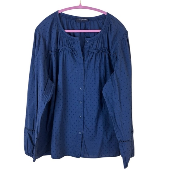 Lane Bryant Dark Blue 100% Cotton Long-Sleeve Flounce Button-Down Top (24) - Picture 2 of 12